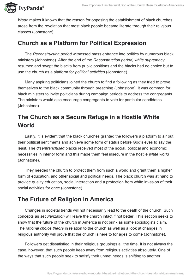 How Important Has the Institution of the Church Been for African-Americans?. Page 2