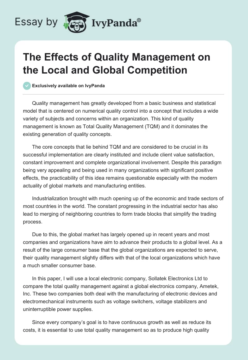 The Effects of Quality Management on the Local and Global Competition. Page 1