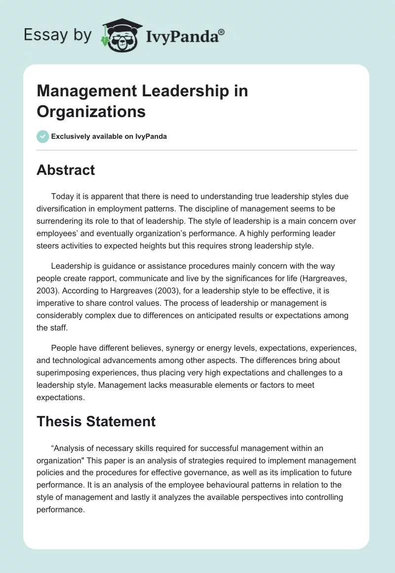 Management Leadership in Organizations. Page 1