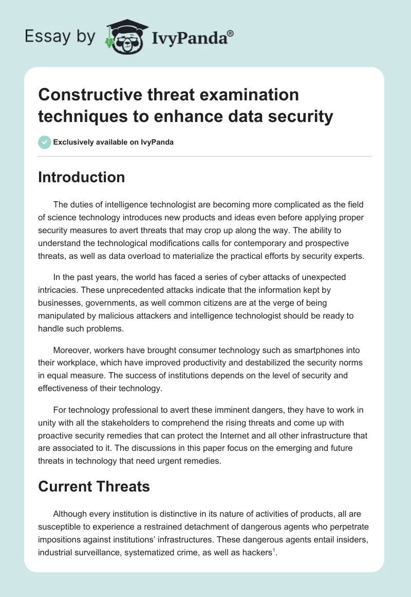 Constructive threat examination techniques to enhance data security. Page 1