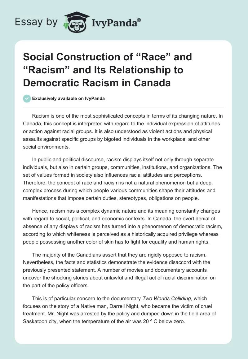 Social Construction of “Race” and “Racism” and Its Relationship to Democratic Racism in Canada. Page 1