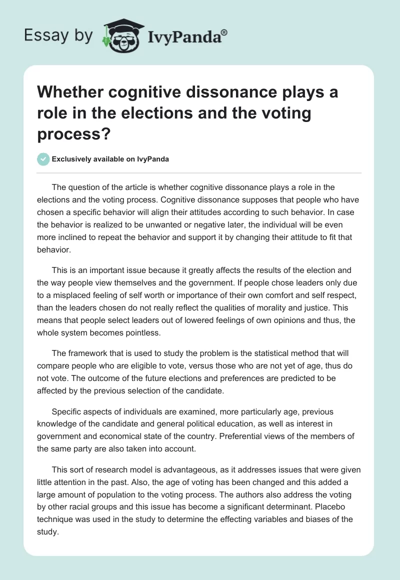 Whether Cognitive Dissonance Plays a Role in the Elections and the Voting Process?. Page 1