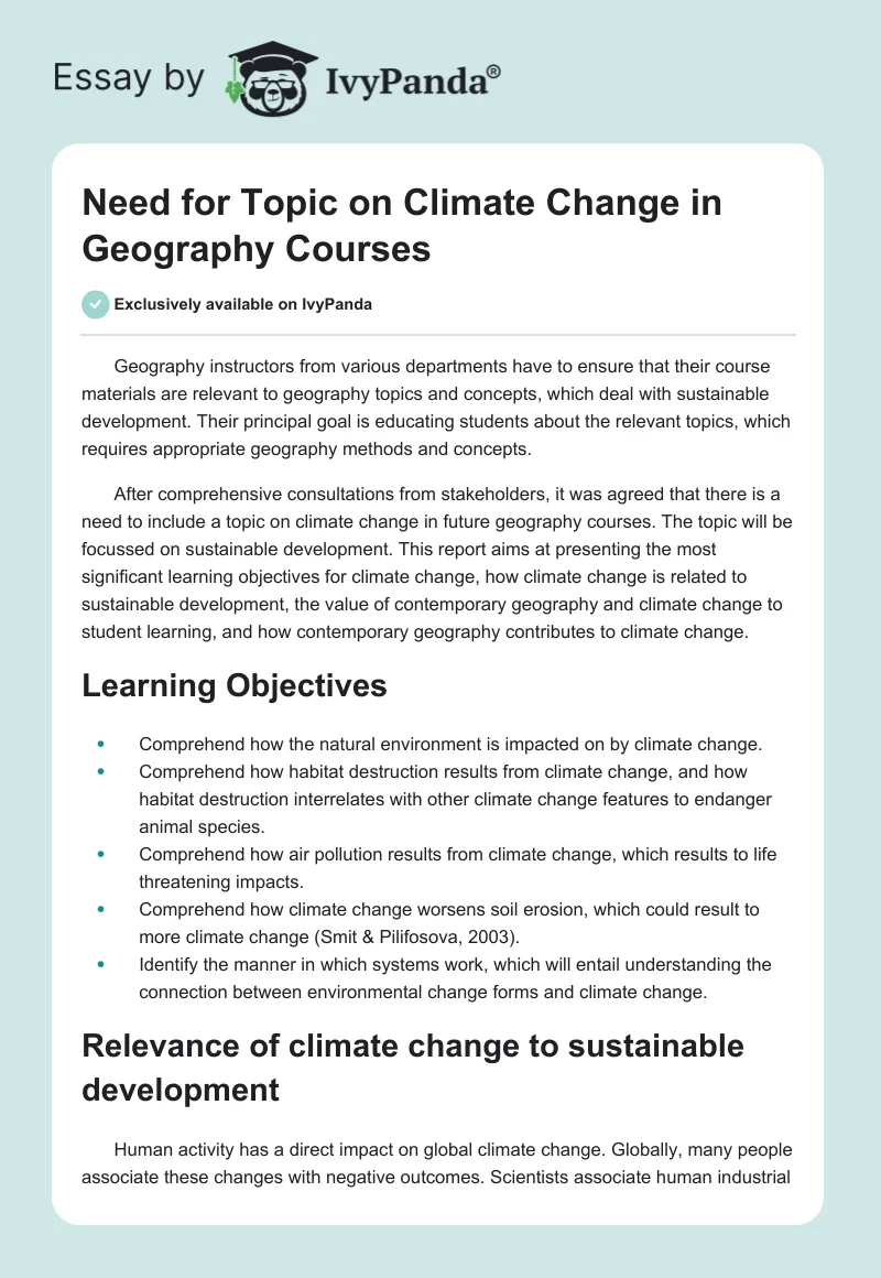 Need for Topic on Climate Change in Geography Courses. Page 1
