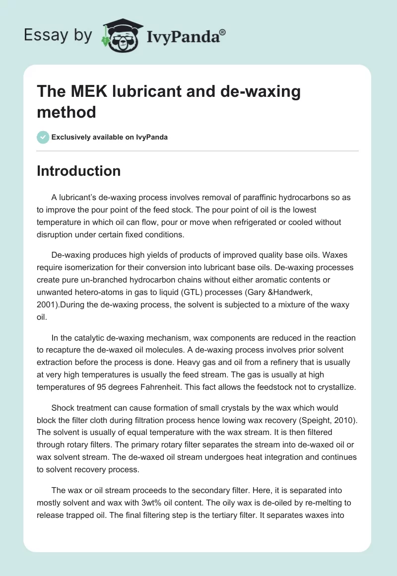 The MEK lubricant and de-waxing method. Page 1