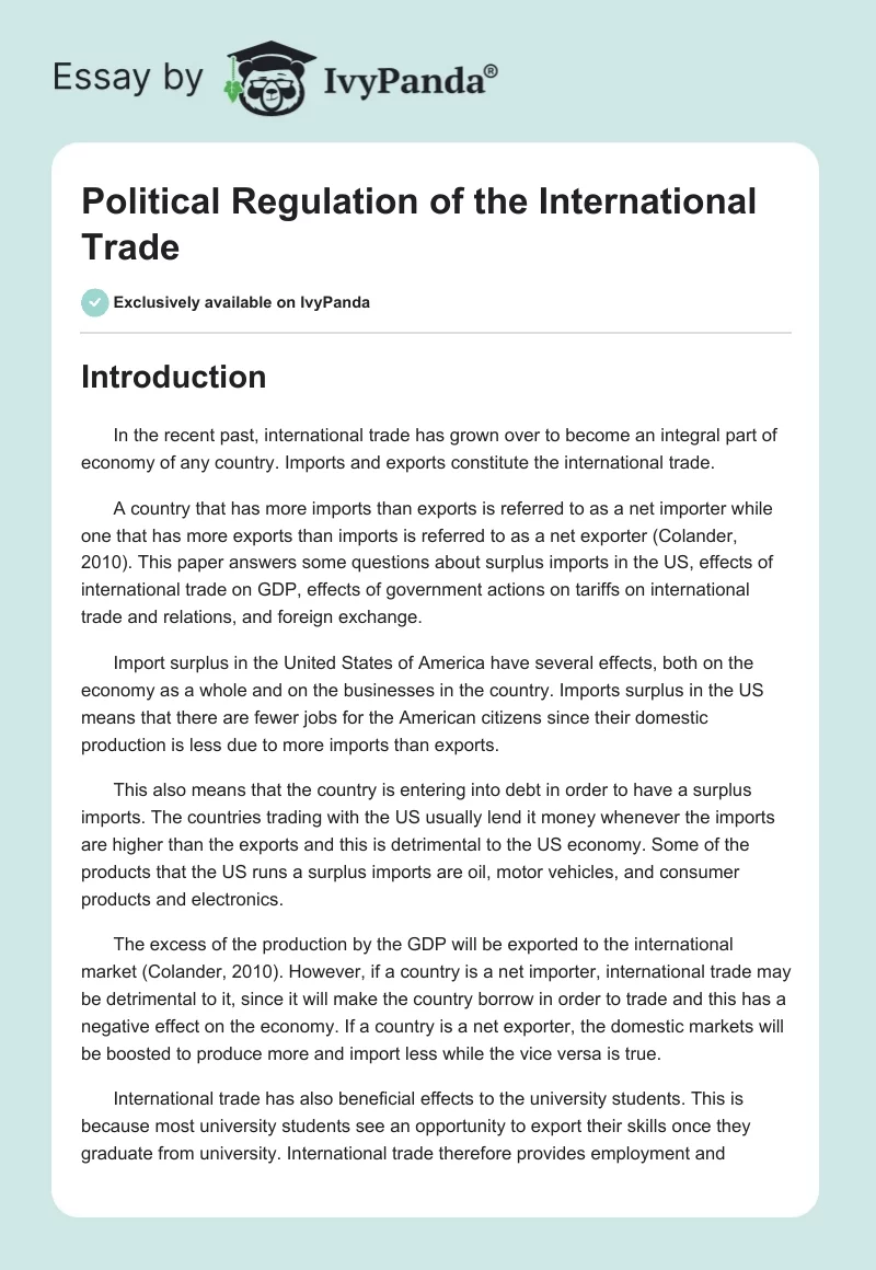 Political Regulation of the International Trade. Page 1