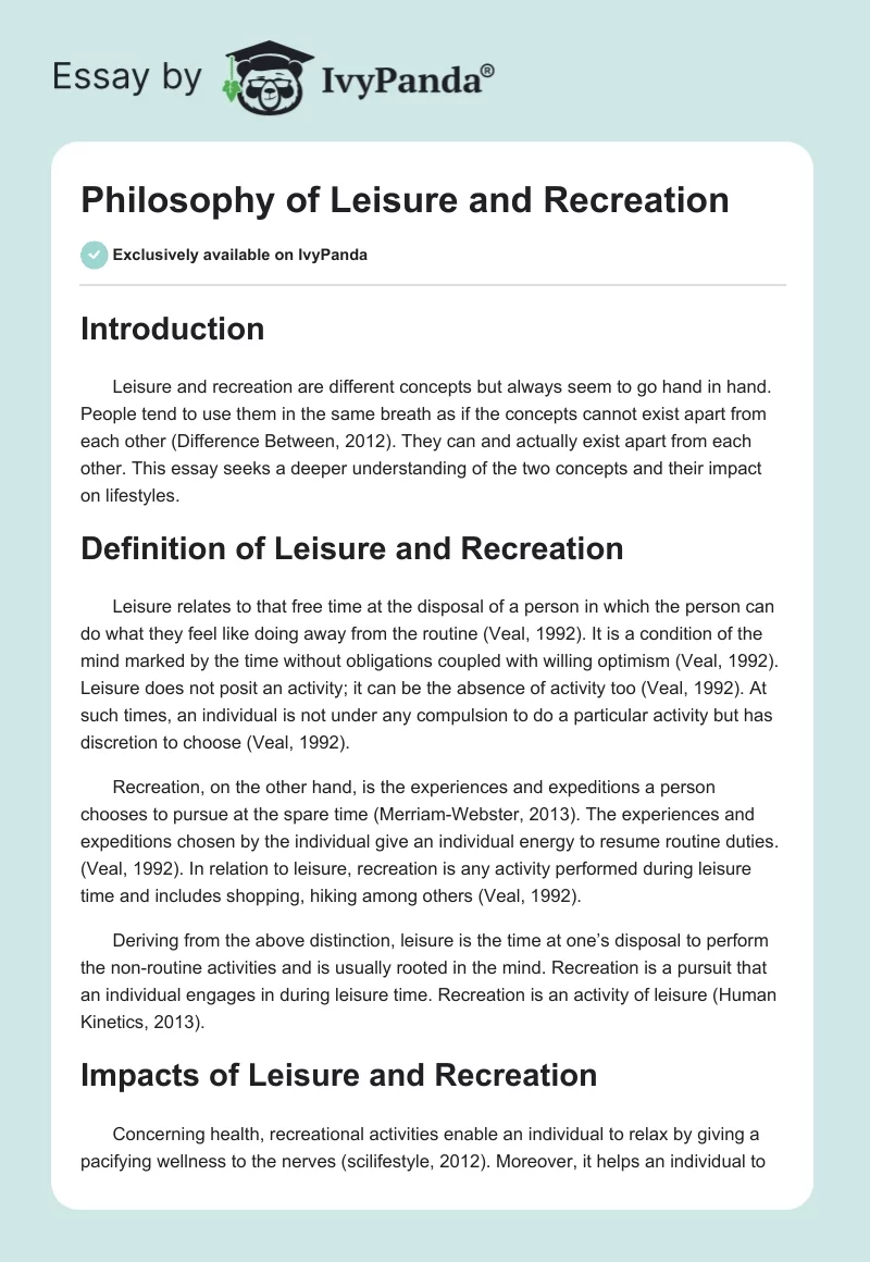 Philosophy of Leisure and Recreation. Page 1