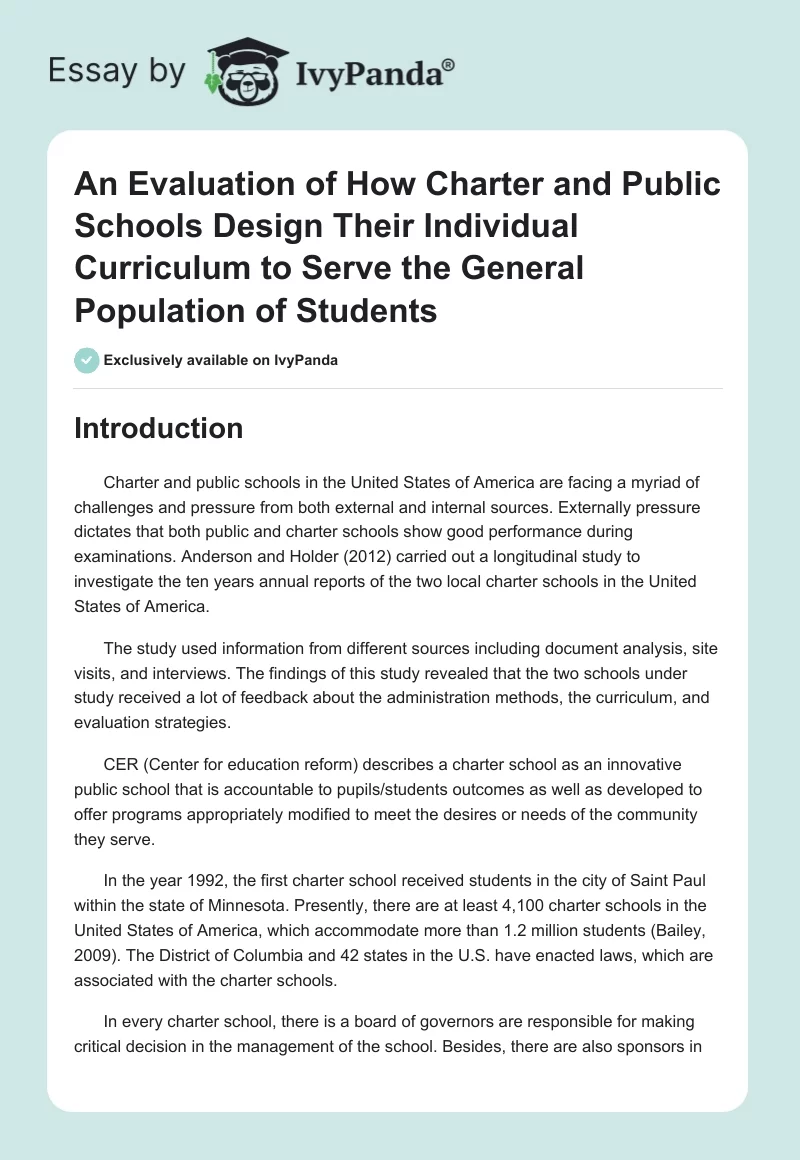 An Evaluation of How Charter and Public Schools Design Their Individual Curriculum to Serve the General Population of Students. Page 1
