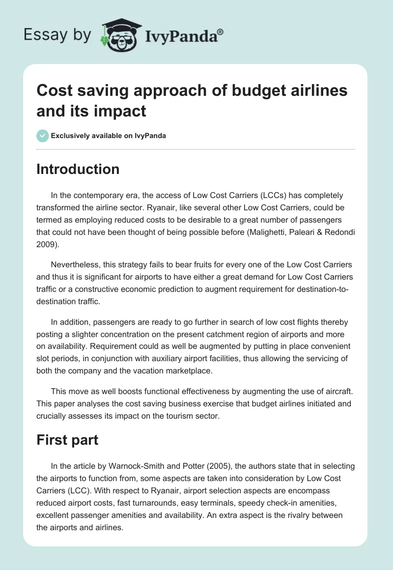 Cost Saving Approach of Budget Airlines and Its Impact. Page 1