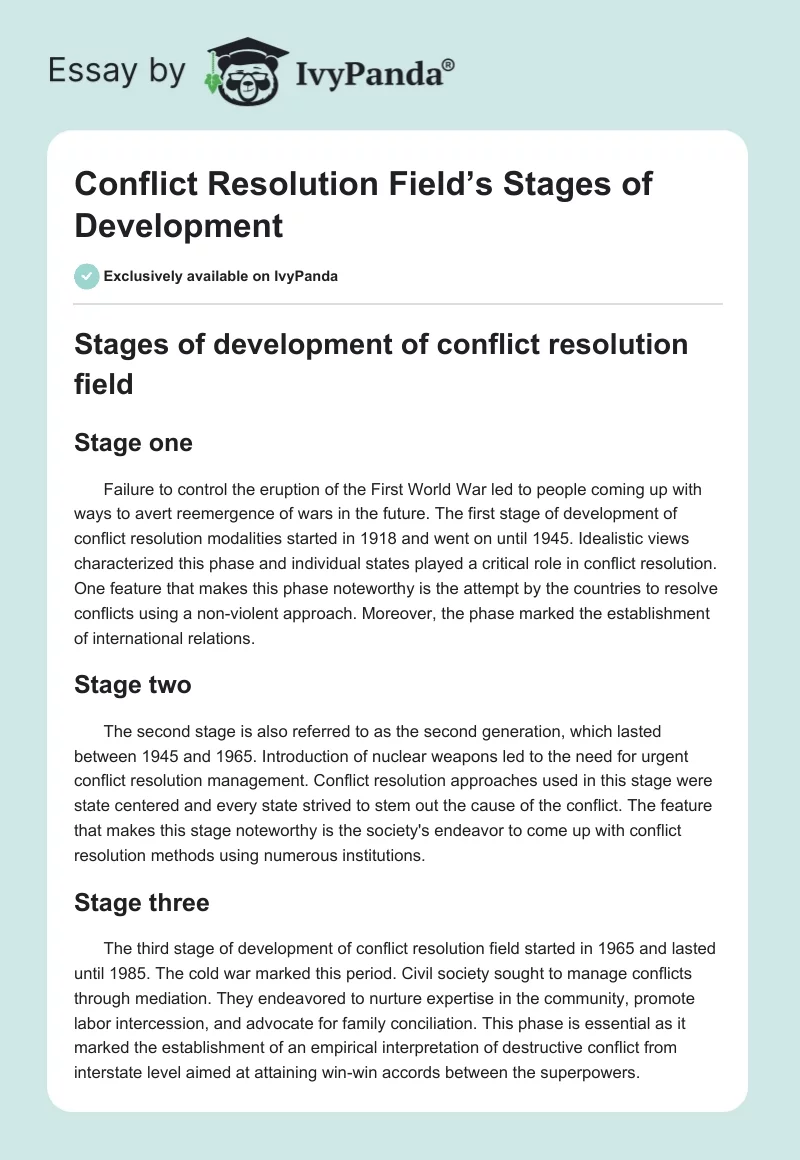 Conflict Resolution Field’s Stages of Development. Page 1