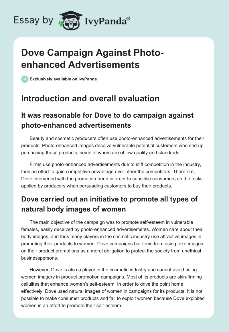 Dove Campaign Against Photo-Enhanced Advertisements. Page 1