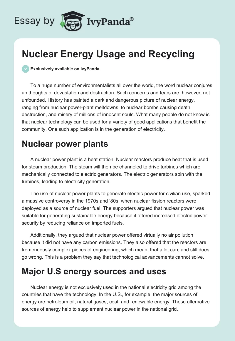 Nuclear Energy Usage and Recycling. Page 1