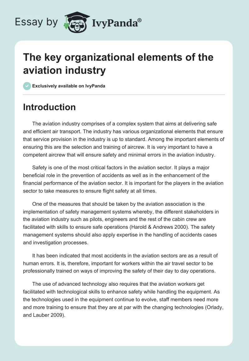 The Key Organizational Elements of the Aviation Industry. Page 1