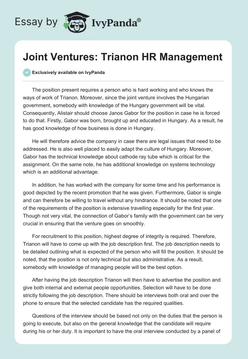Joint Ventures: Trianon HR Management. Page 1