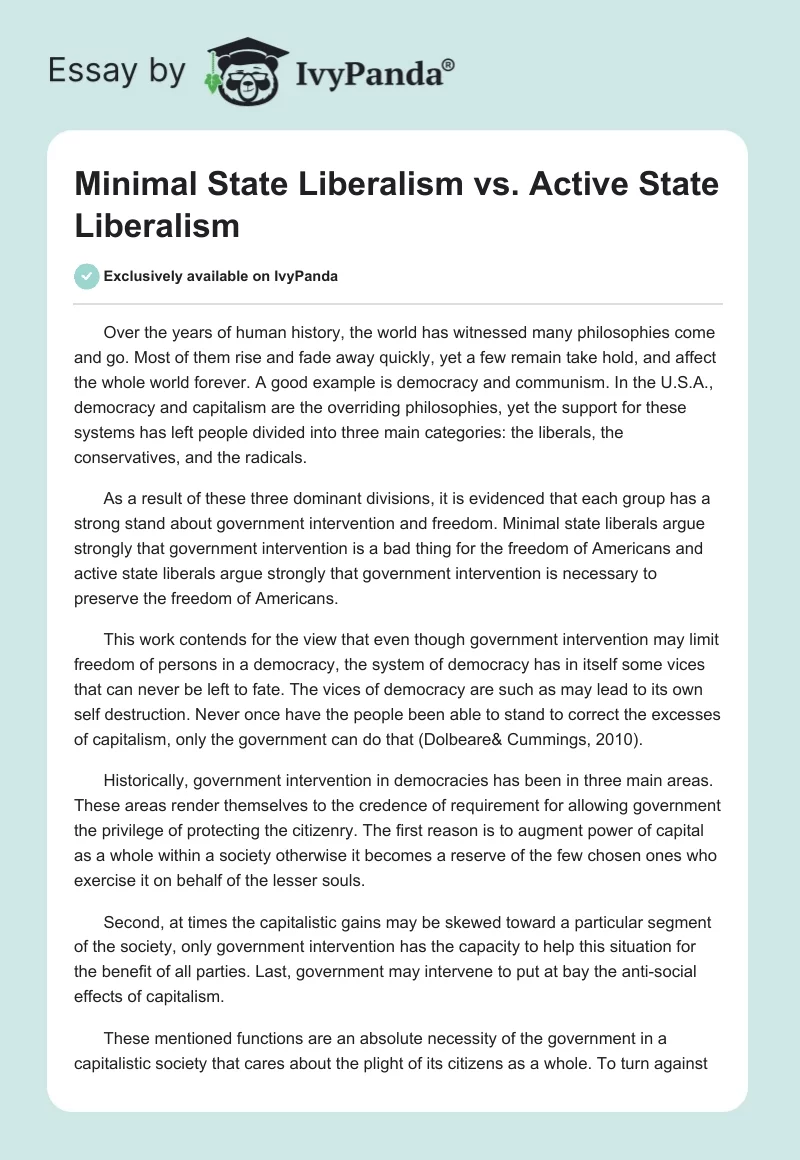 Minimal State Liberalism vs. Active State Liberalism. Page 1