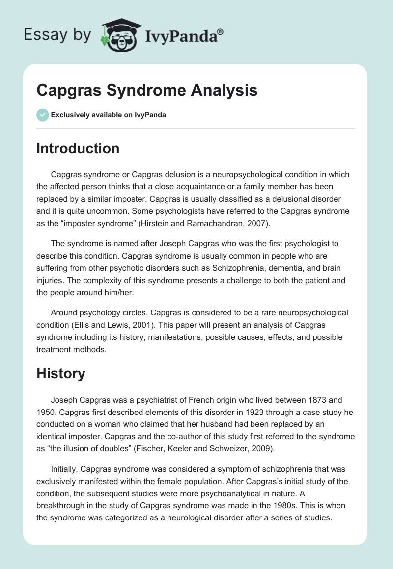 Capgras Syndrome Analysis. Page 1