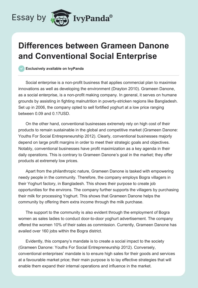 Differences between Grameen Danone and Conventional Social Enterprise. Page 1