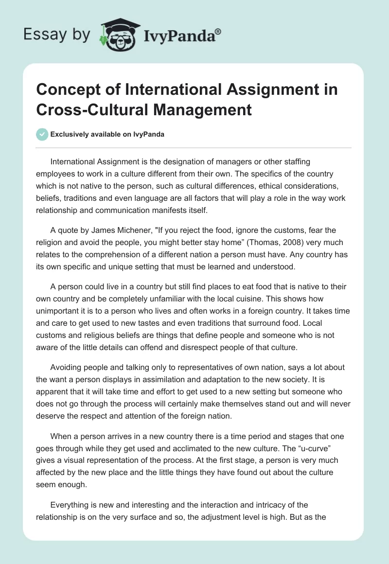 Concept of International Assignment in Cross-Cultural Management . Page 1