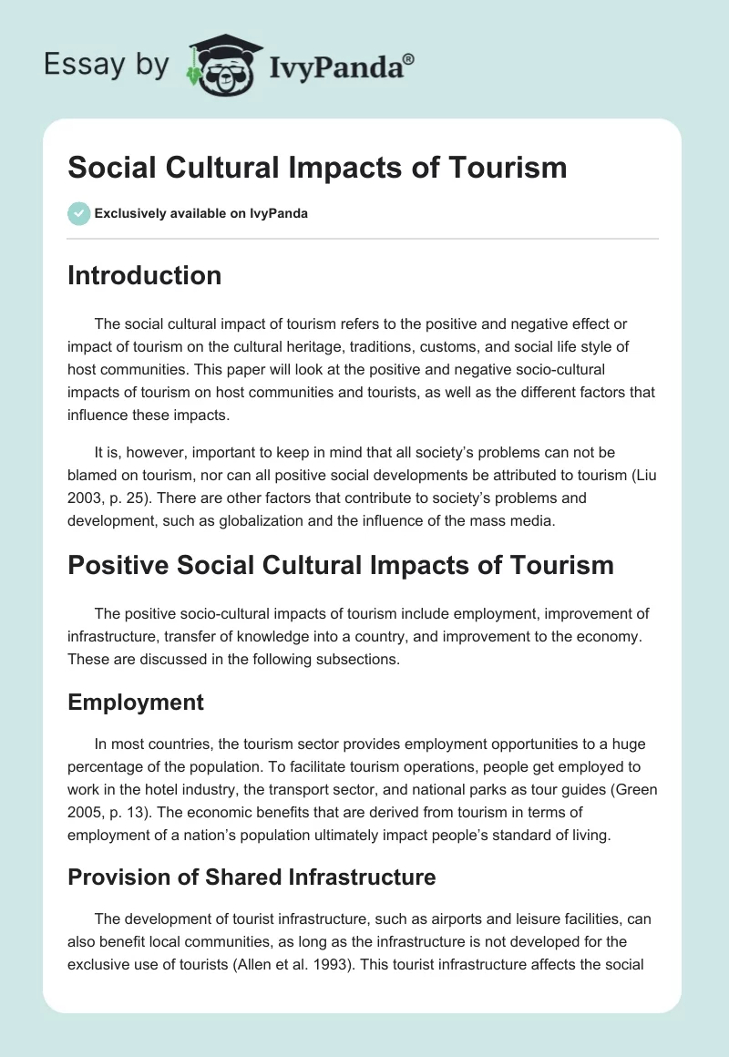 Social Cultural Impacts of Tourism. Page 1