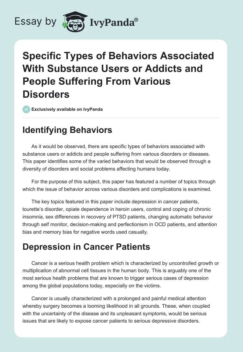 Specific Types of Behaviors Associated With Substance Users or Addicts and People Suffering From Various Disorders. Page 1