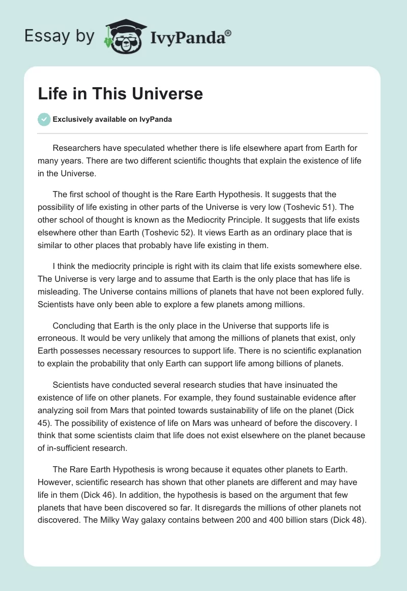 life in the universe essay