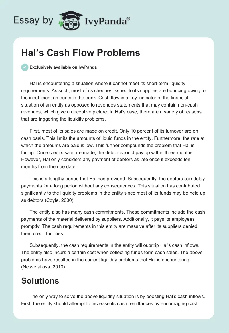 Hal’s Cash Flow Problems. Page 1