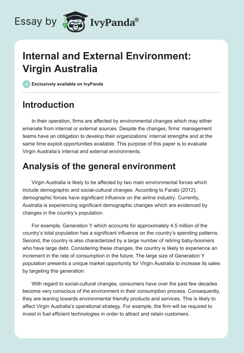 Internal and External Environment: Virgin Australia. Page 1