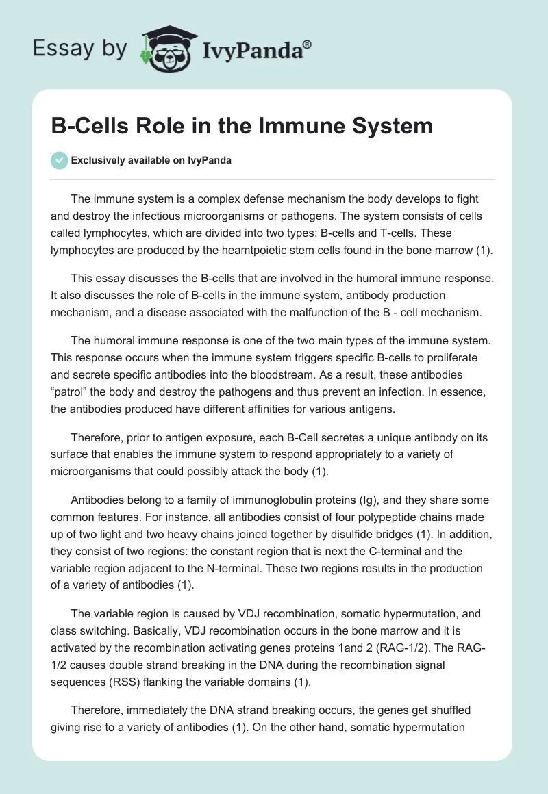 B-Cells Role in the Immune System. Page 1