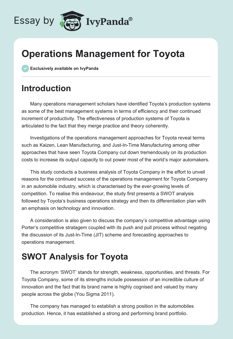 Operations Management Case Study: Toyota. Page 1