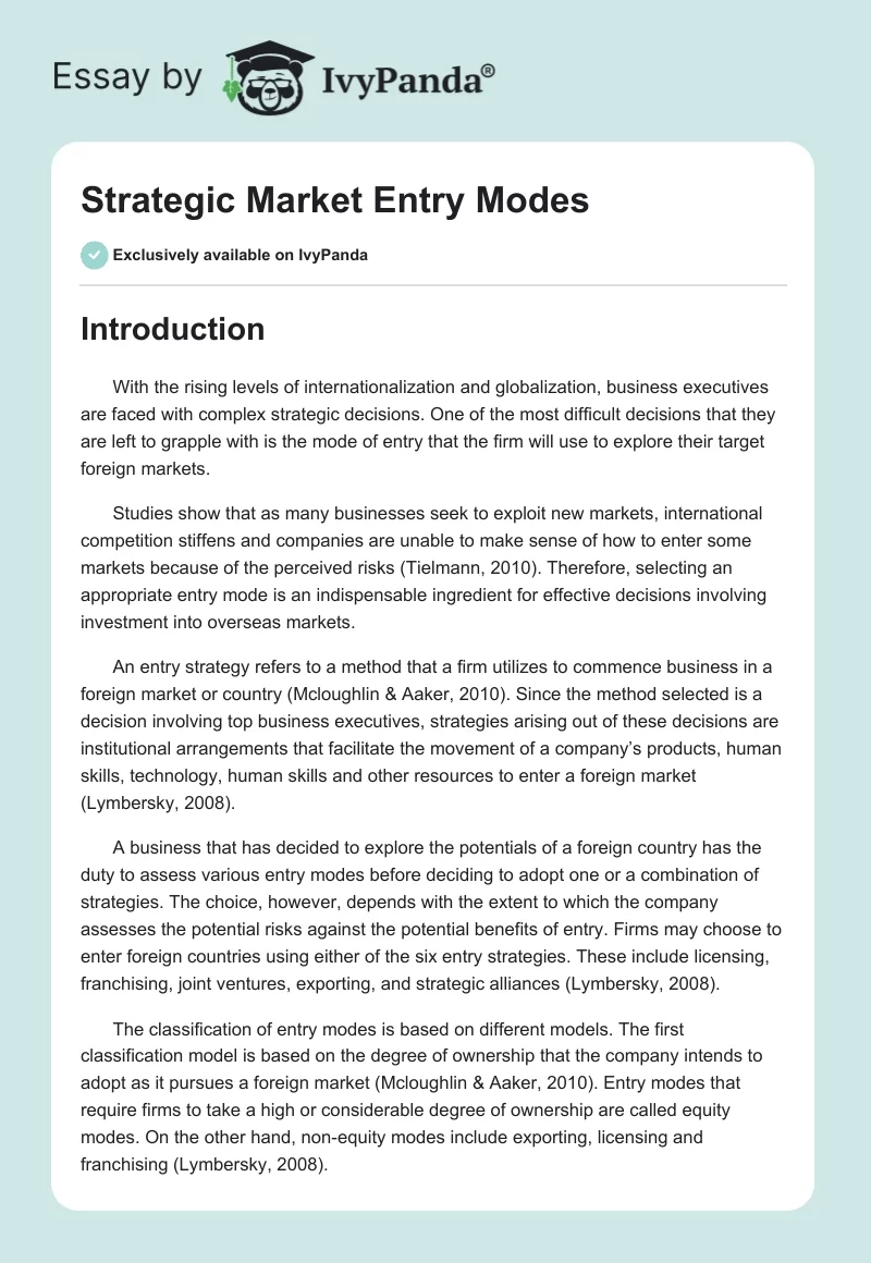 Strategic Market Entry Modes. Page 1