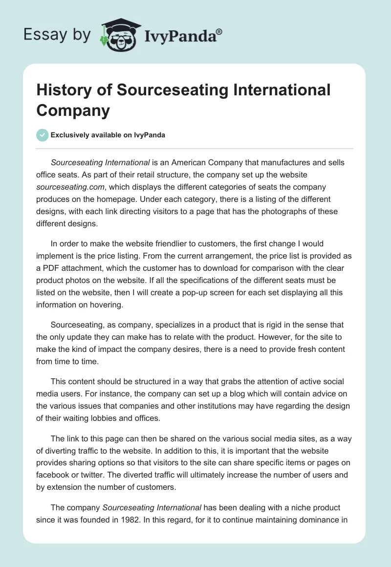History of Sourceseating International Company. Page 1