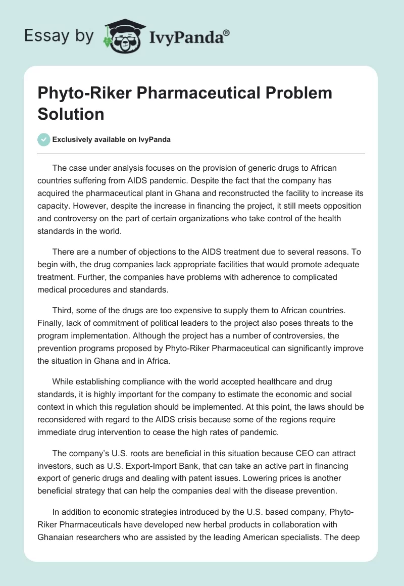 Phyto-Riker Pharmaceutical Problem Solution. Page 1