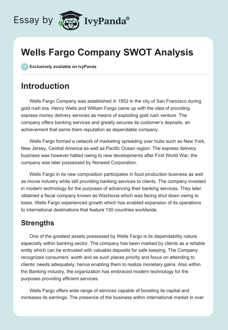 Wells Fargo Company SWOT Analysis. Page 1