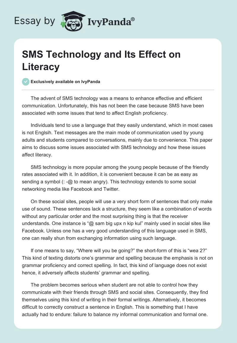SMS Technology and Its Effect on Literacy. Page 1
