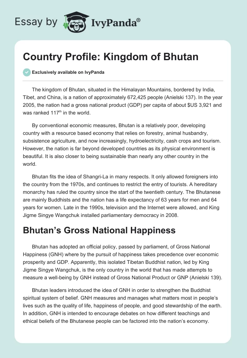 Country Profile: Kingdom of Bhutan. Page 1