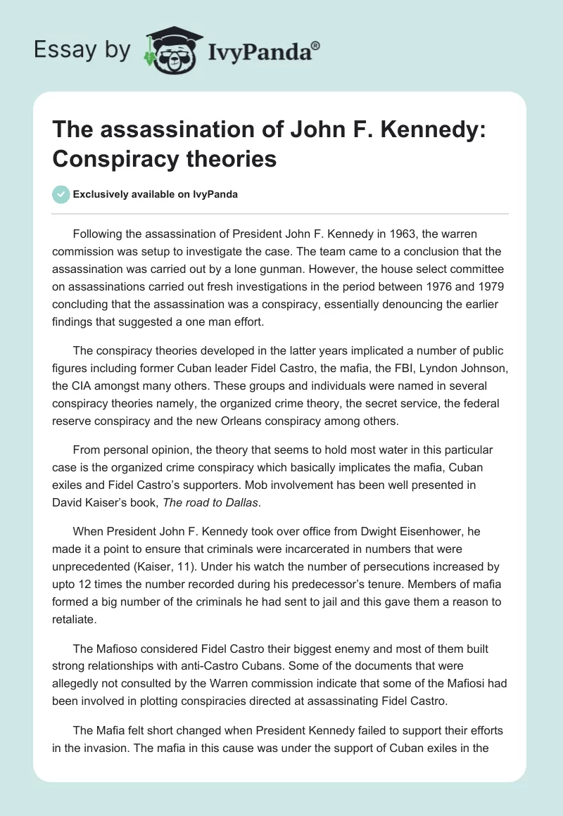 The Assassination of John F. Kennedy: Conspiracy Theories. Page 1
