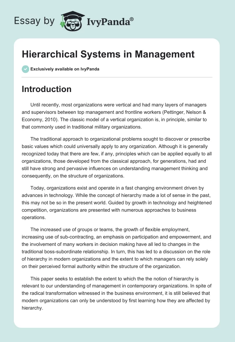 Hierarchical Systems in Management. Page 1