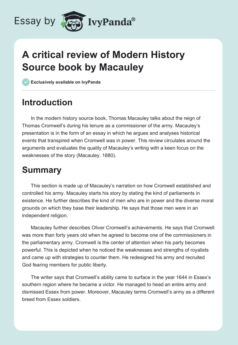 A critical review of Modern History Source book by Macauley. Page 1
