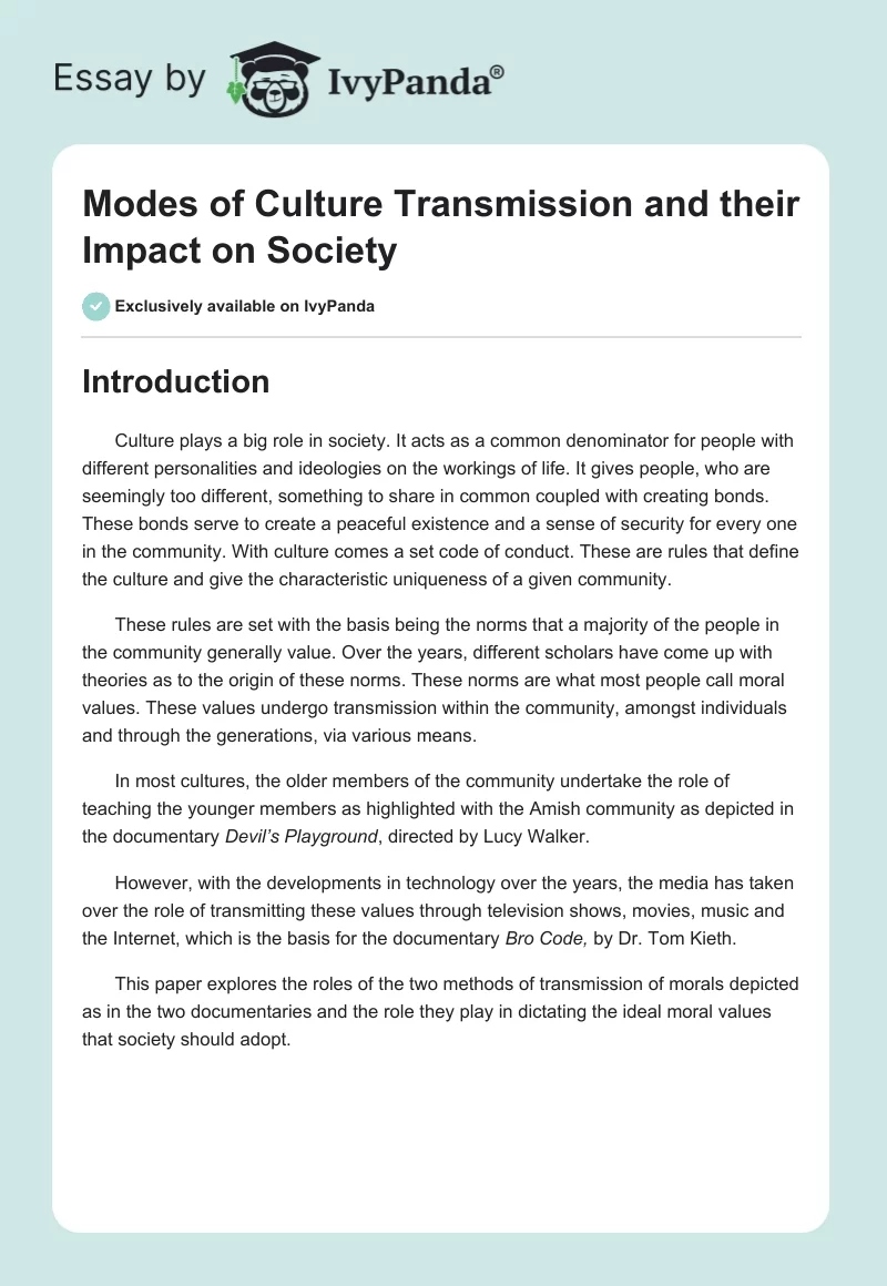 Modes of Culture Transmission and Their Impact on Society. Page 1