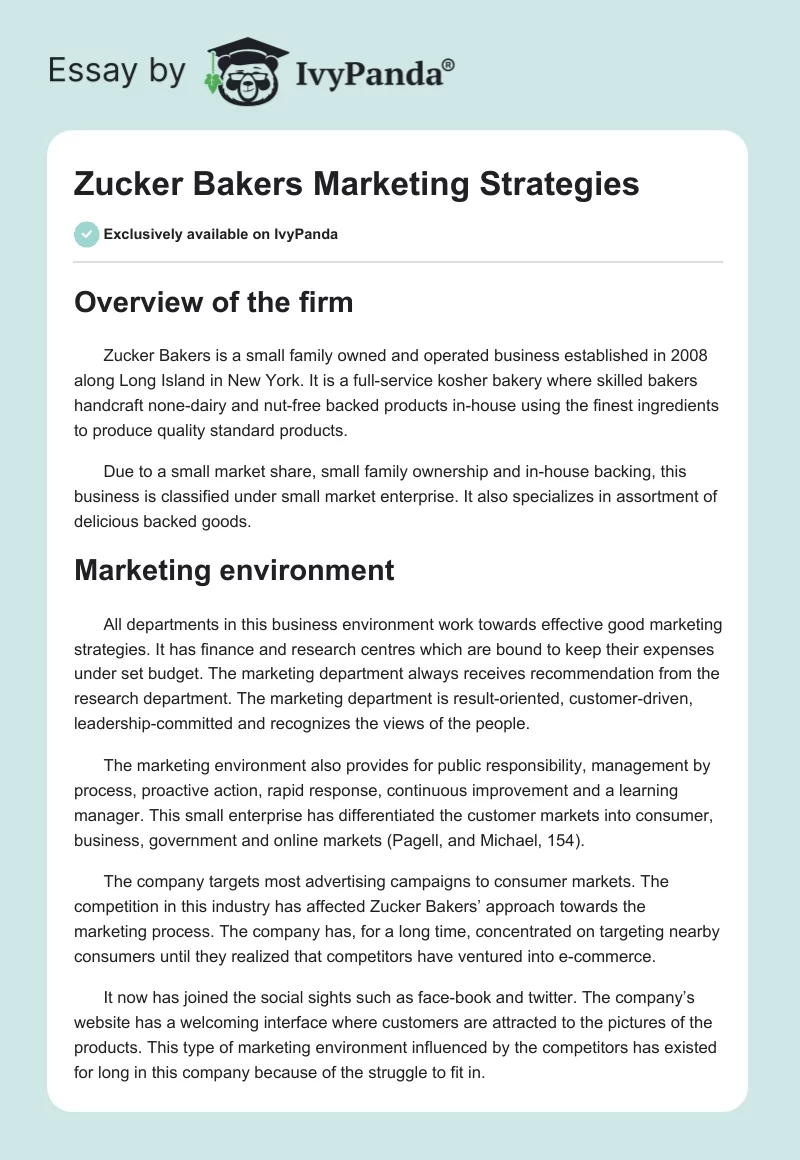 Zucker Bakers Marketing Strategies. Page 1