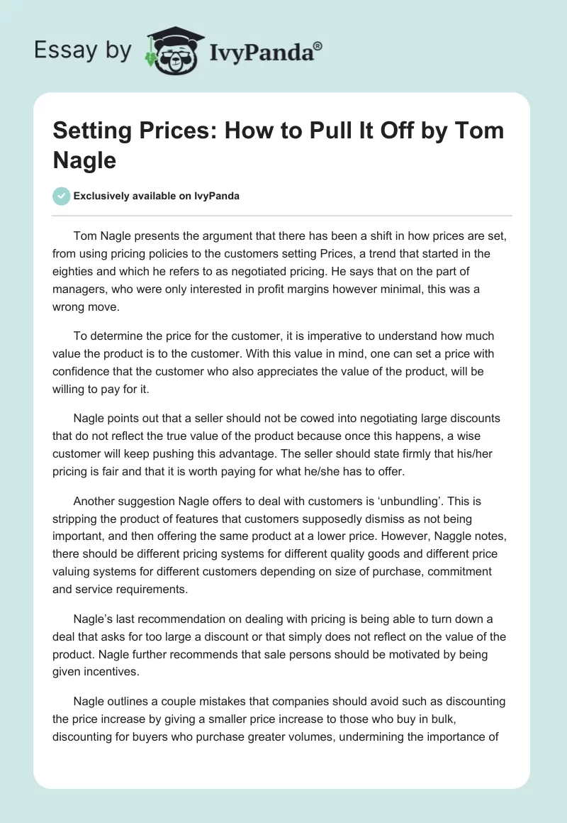 Setting Prices: "How to Pull It Off" by Tom Nagle. Page 1