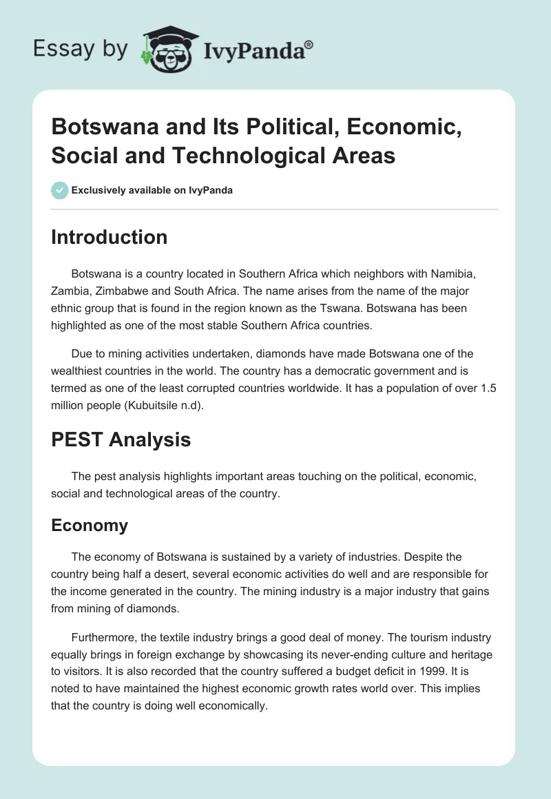 Botswana and Its Political, Economic, Social and Technological Areas. Page 1