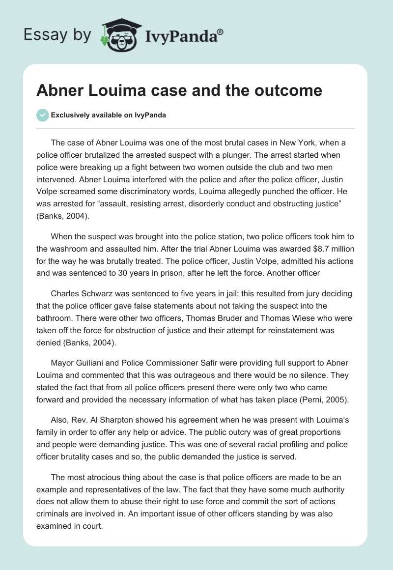 Abner Louima case and the outcome. Page 1