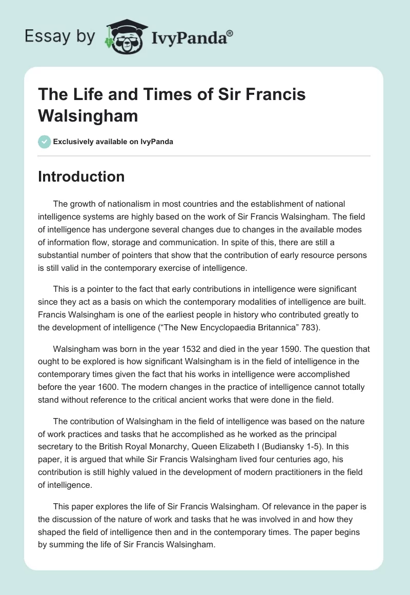 The Life and Times of Sir Francis Walsingham. Page 1