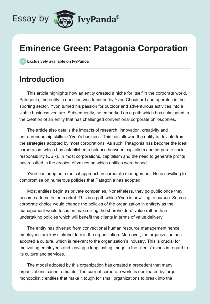 Eminence Green: Patagonia Corporation. Page 1