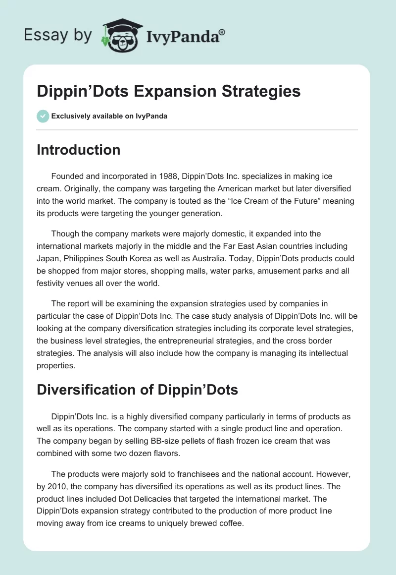 Dippin’Dots Expansion Strategies. Page 1