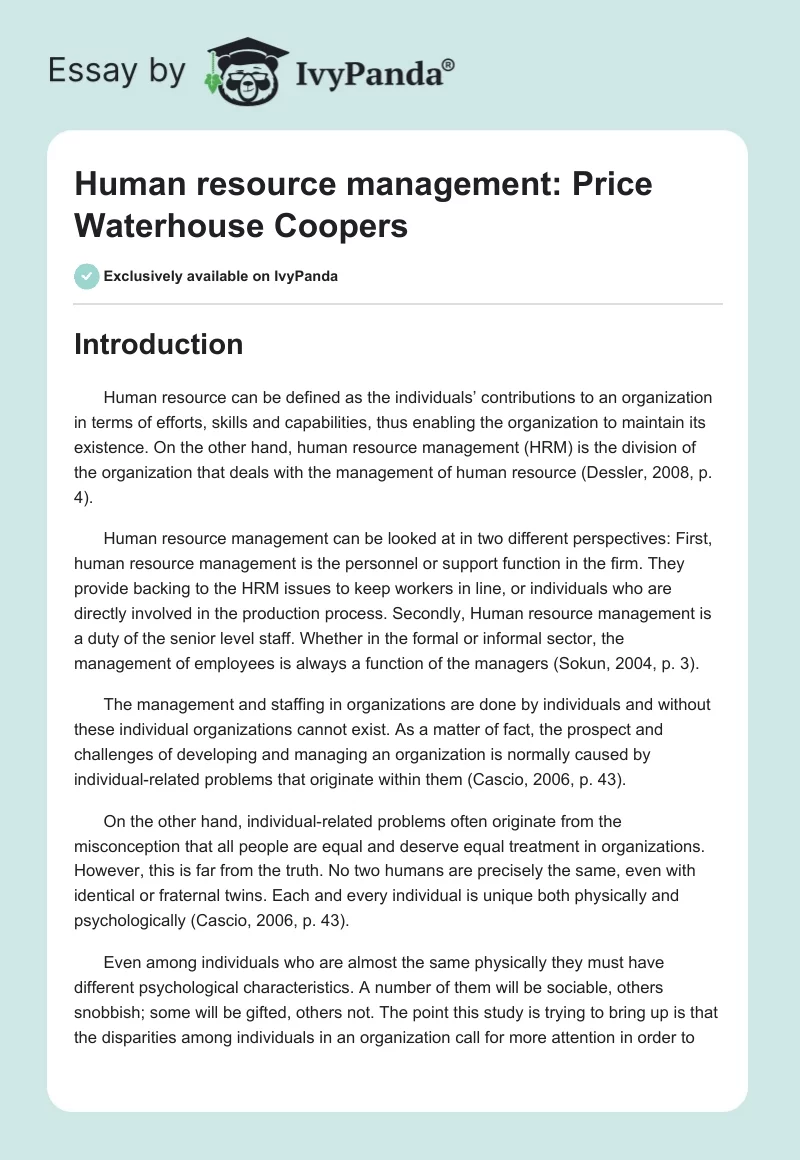 Human resource management: Price Waterhouse Coopers. Page 1