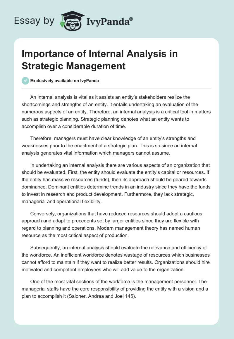 Importance of Internal Analysis in Strategic Management. Page 1
