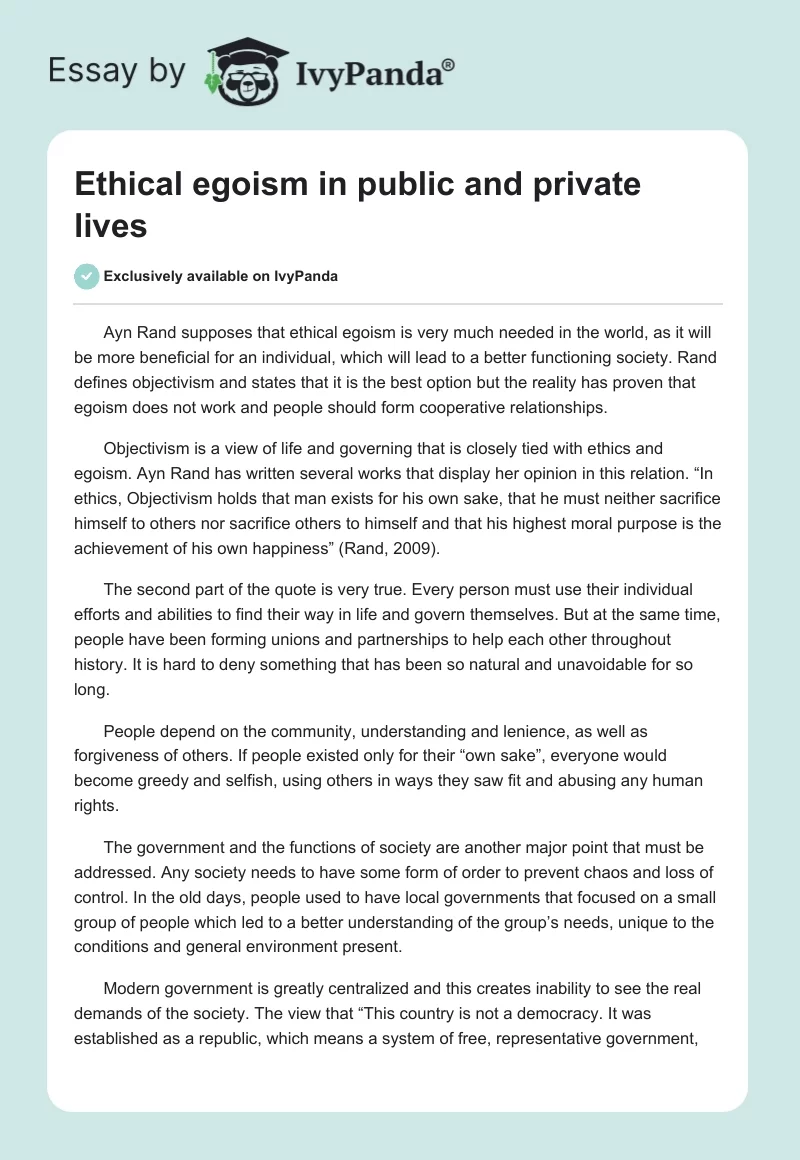 Ethical egoism in public and private lives. Page 1