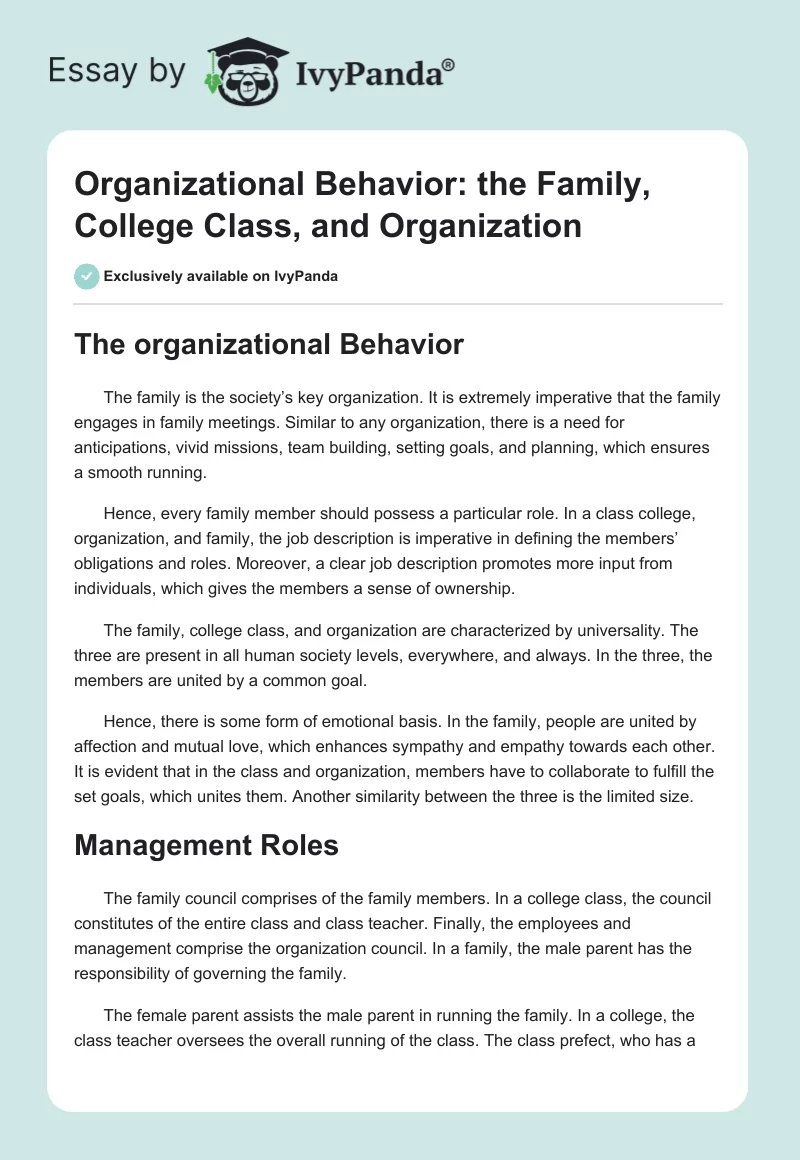 Organizational Behavior: the Family, College Class, and Organization. Page 1