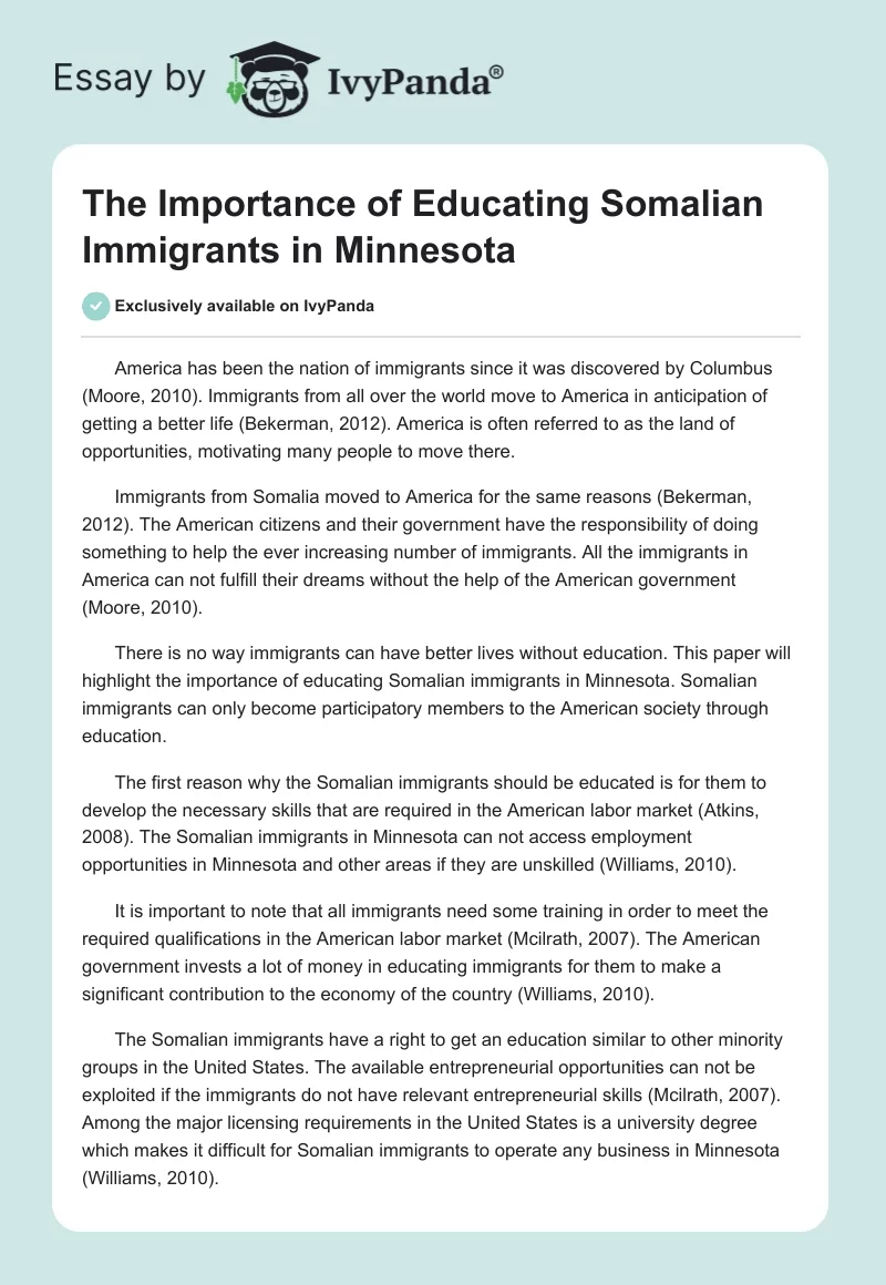 The Importance of Educating Somalian Immigrants in Minnesota. Page 1